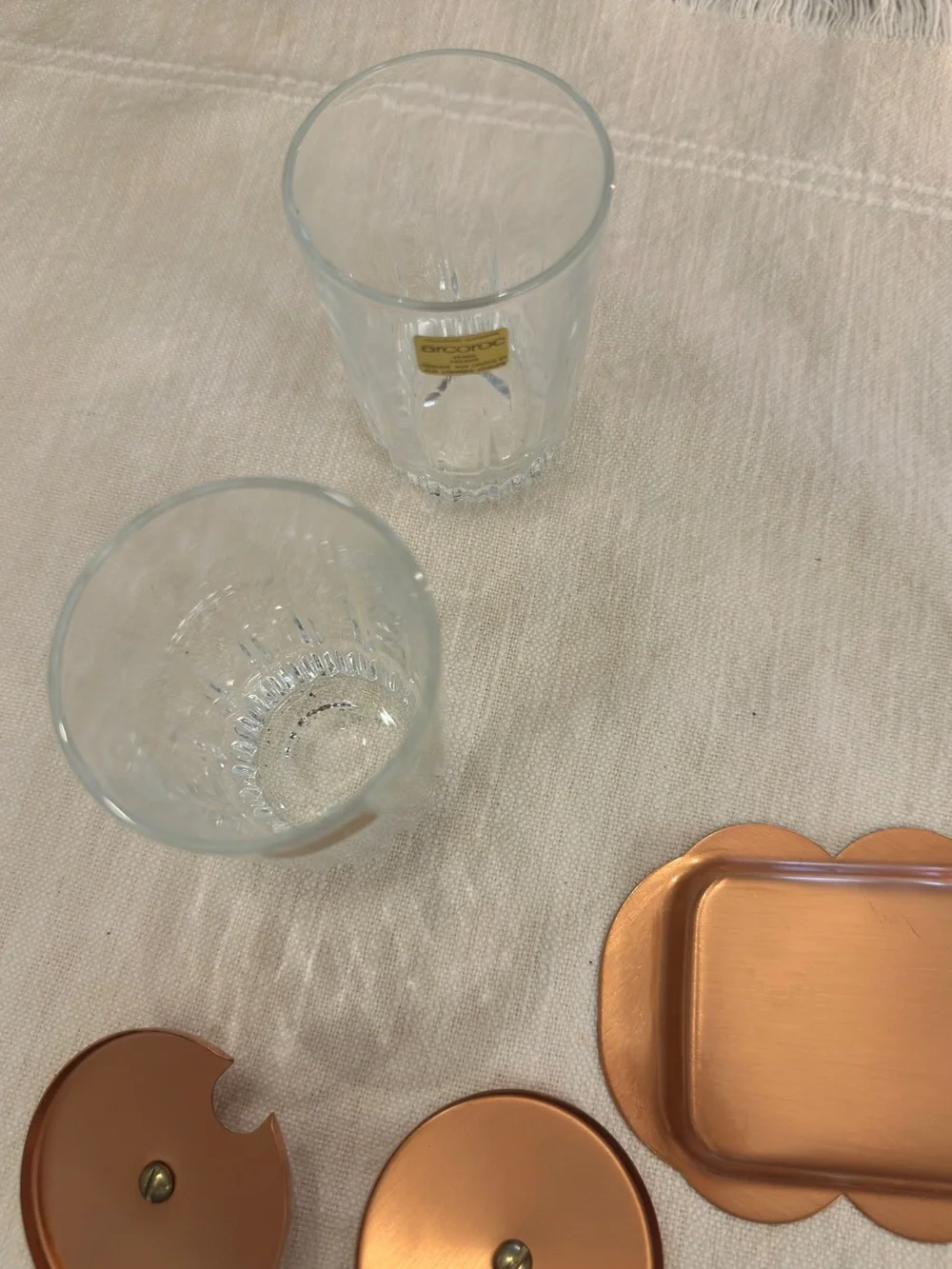 Coppercraft Arcoroc France Lidded Jelly Jars (set of 2) with brass tray